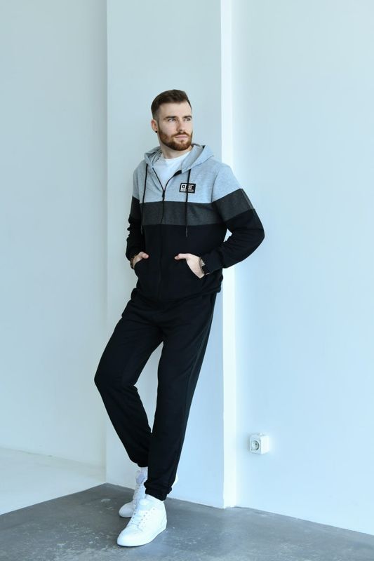Спортивний костюм чоловічий на змійці з капюшоном двонитка колір чорний з графітом