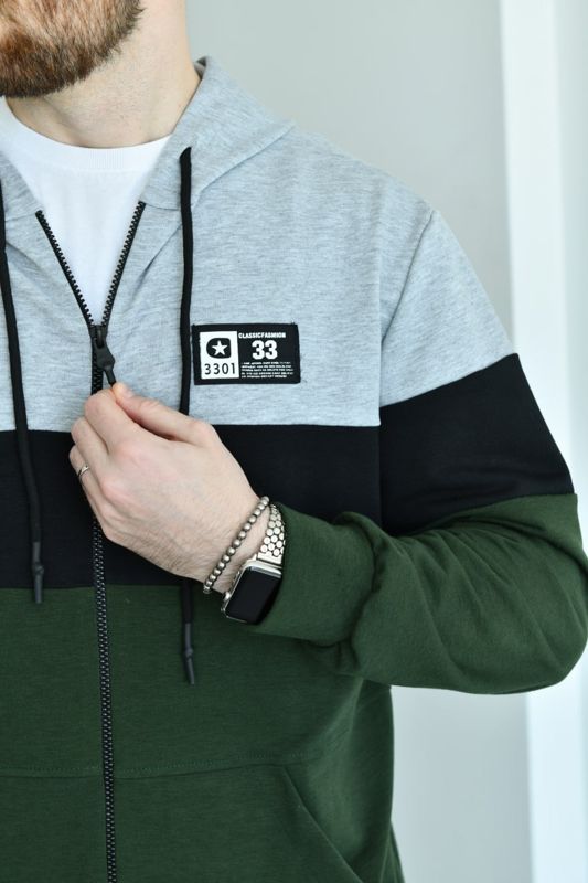 Спортивний костюм чоловічий на змійці з капюшоном двонитка колір хакі з світло-сірим