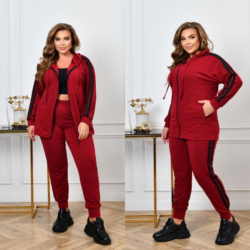 Костюм жіночий прогулянковий (куртка на змійці з капюшоном і штани) трикотаж двонитка колір бордовий