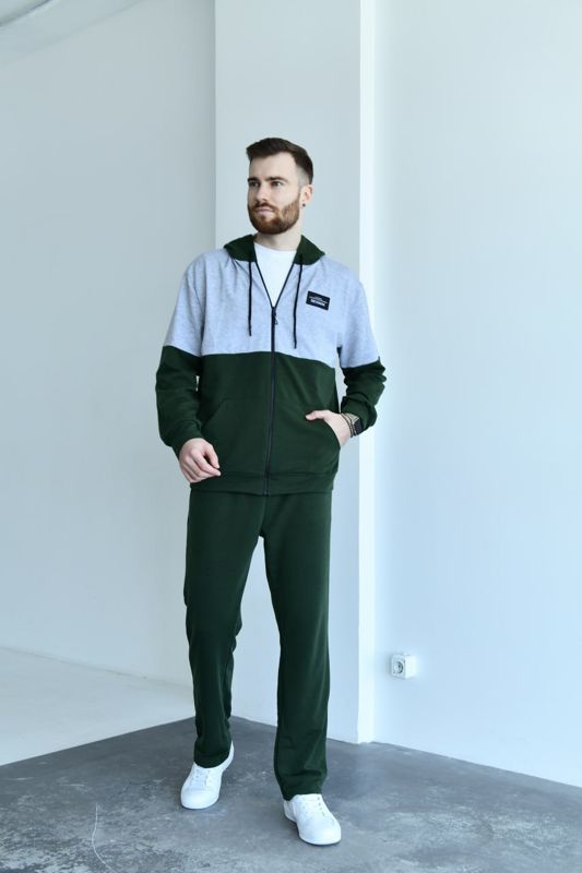 Чоловічий спортивний костюм із двониткового трикотажу кольору хакі зі світло-сірим